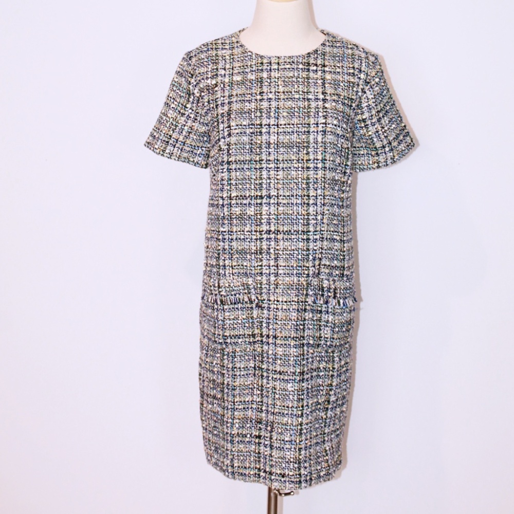 Ann Taylor Shimmer Tweed Pocket Shift Dress In Blue Multi Size (2)